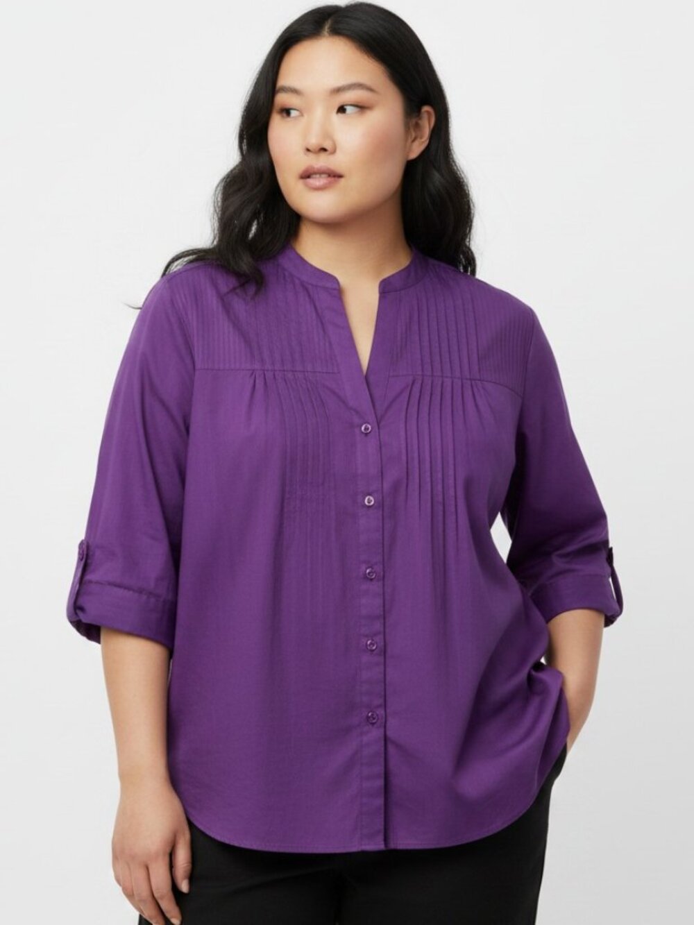 LIZ & ME Purple Pin Tuck Accent Button Front Blouse 3/4 sleeve, Plus Size 2X